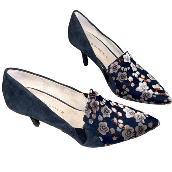 Lori Goldstein Navy Suede and Velvet Floral Print Heels Size 7.5 - Picture 1 of 8
